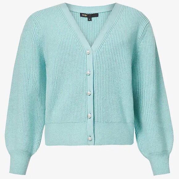 Maje Feaux-Pearl Button Knitted Celadon Cardigan - Picture 3 of 6